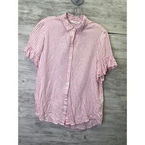 Beach Lunch Lounge Top‎ Size S Womens Pink White Striped Short Sleeve Button Up